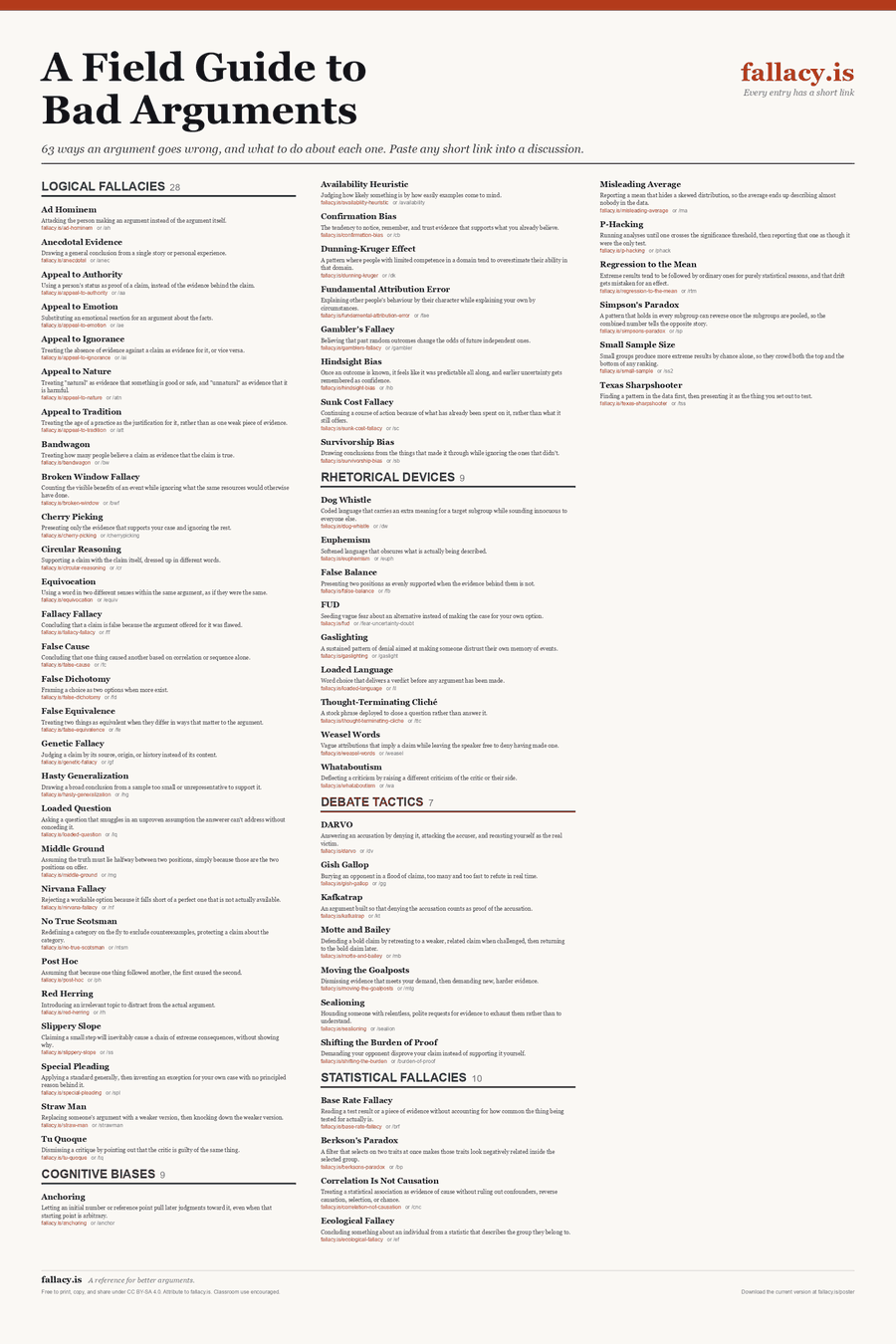 Poster preview: A Field Guide to Bad Arguments, listing 63 logical fallacies, cognitive biases, rhetorical devices, debate tactics, and statistical fallacies in five colour-coded sections.